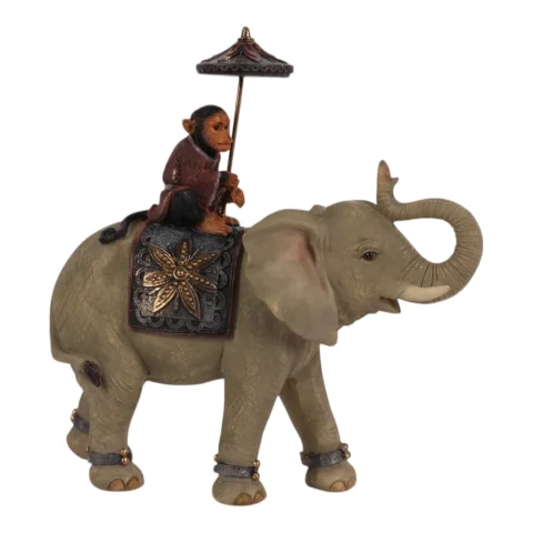 Dierenbeeld Olifant met aap - bruin - 19 cm