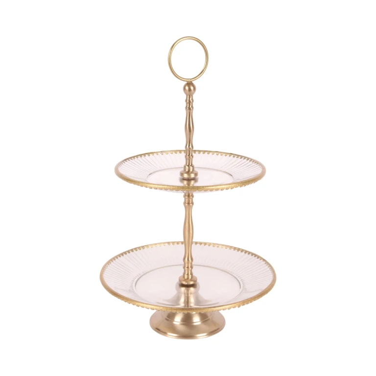 Etagère - 2-kerroksinen - 38 cm - kulta - messinki ja lasi